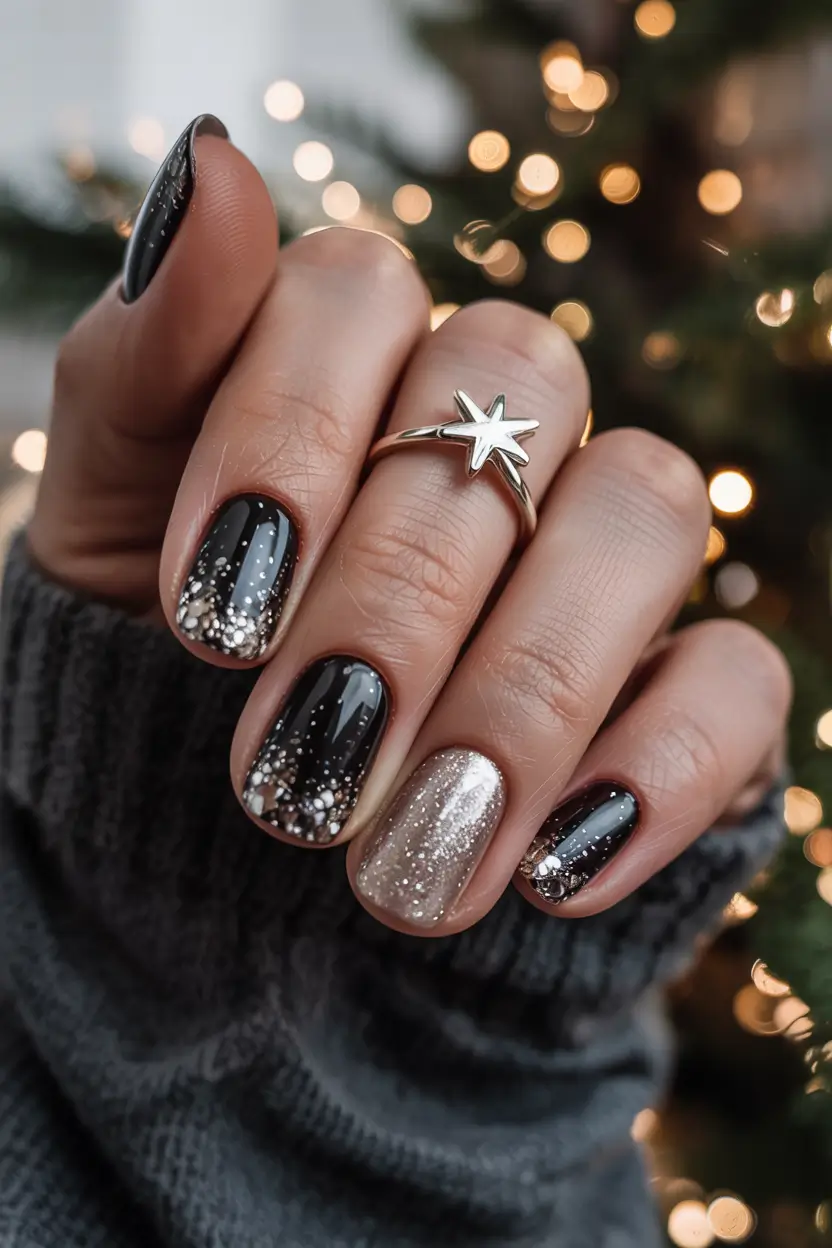 winter color nails short starry night sparkle