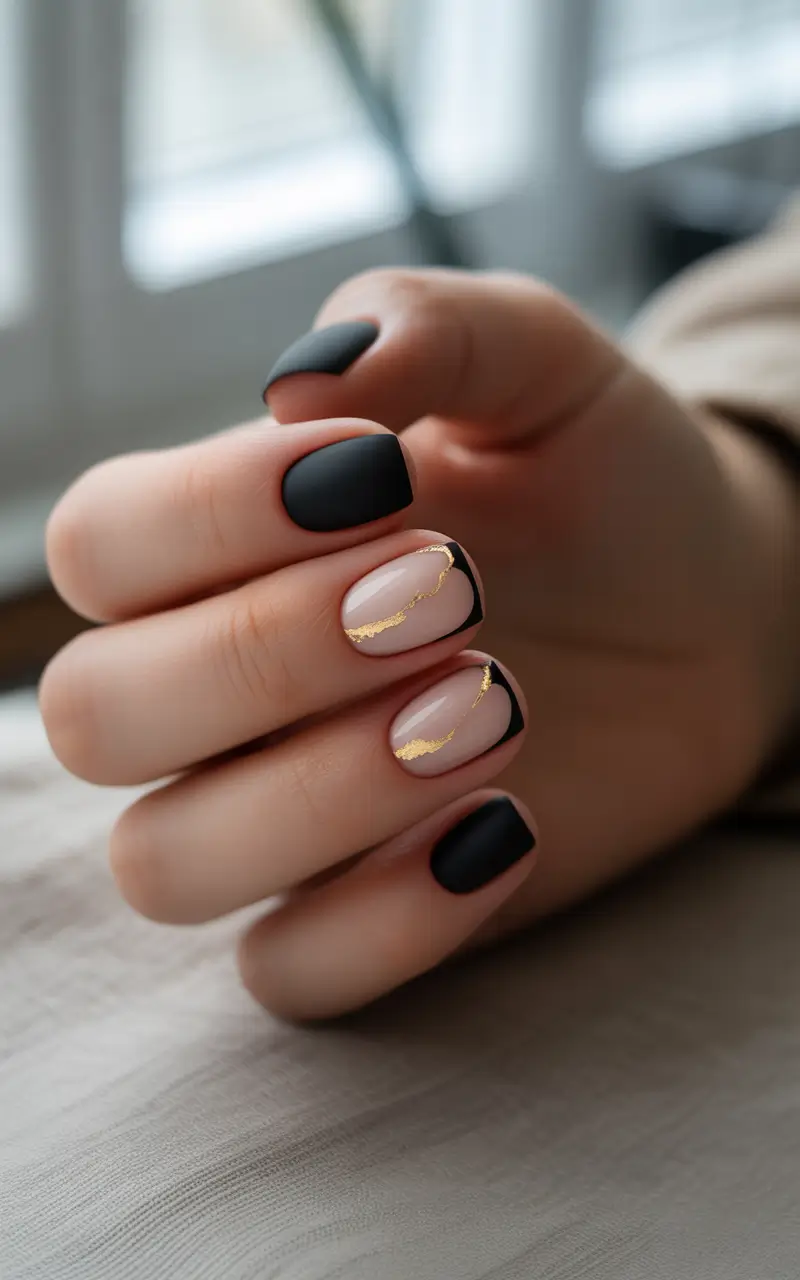 short winter nails Matte Black and Gold Fusion