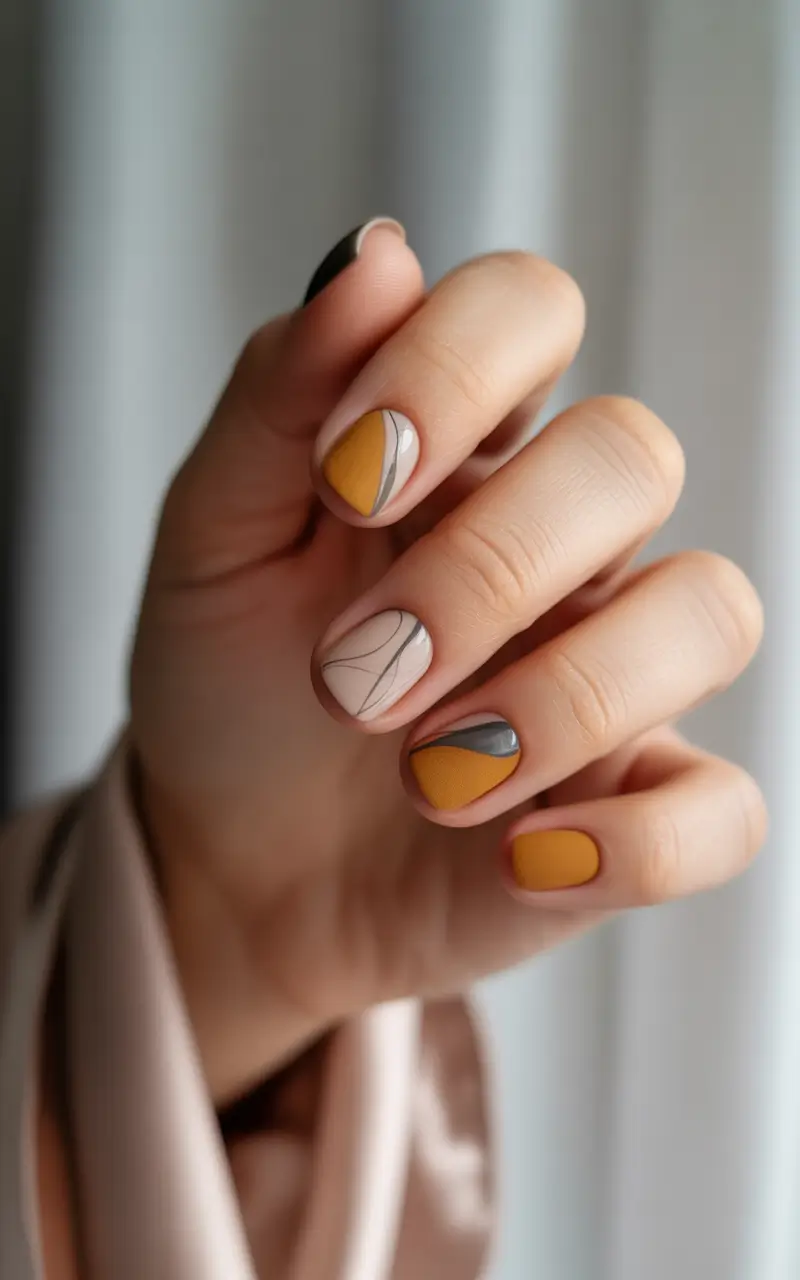 short winter nails designs 2025 Mustard Geometry
