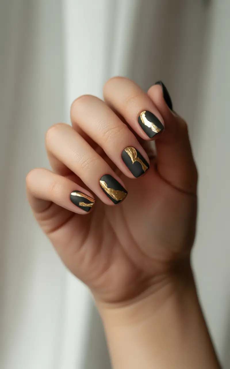 short winter nails Black and Gold Edge