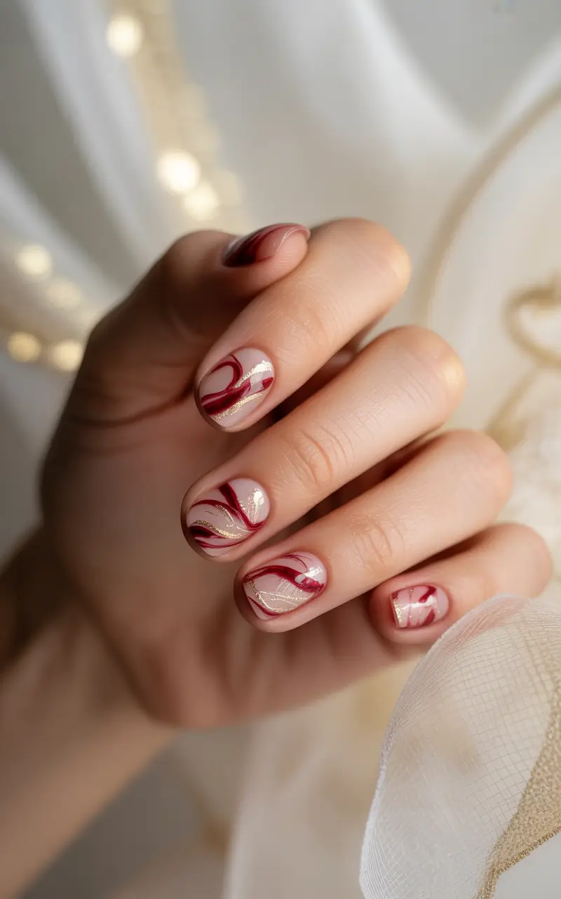 short winter nails christmas Velvet Swirls of Red and Champagne