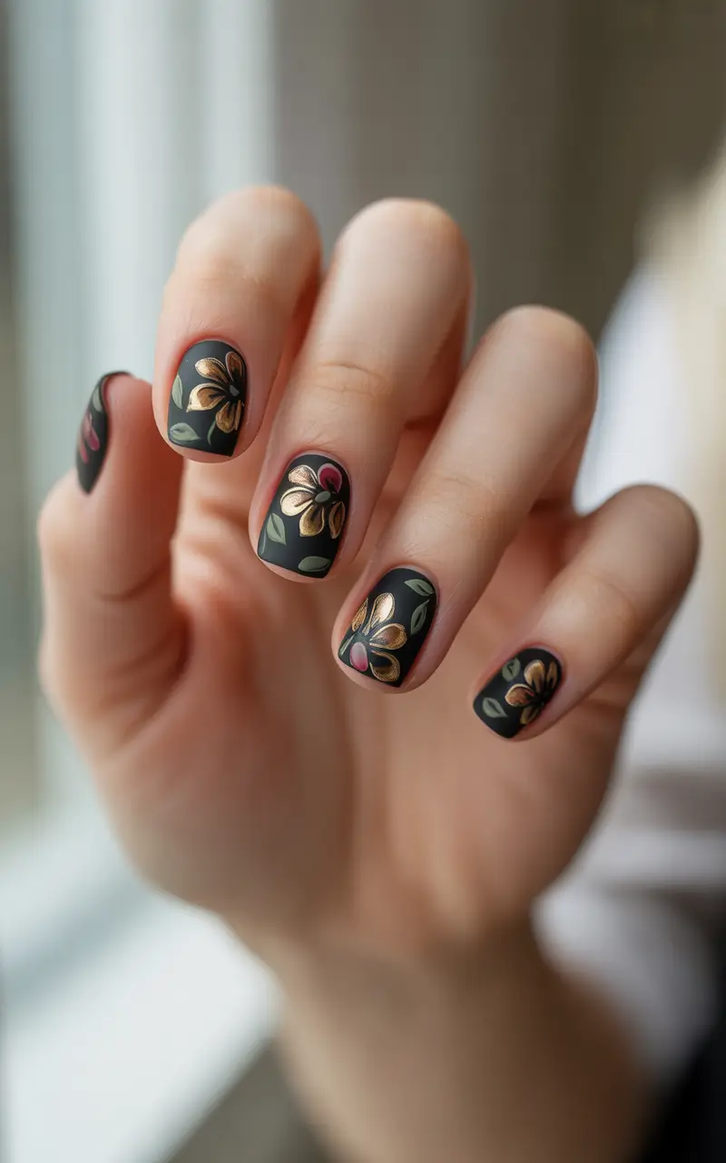 short winter nails Golden Petals on Midnight Matte