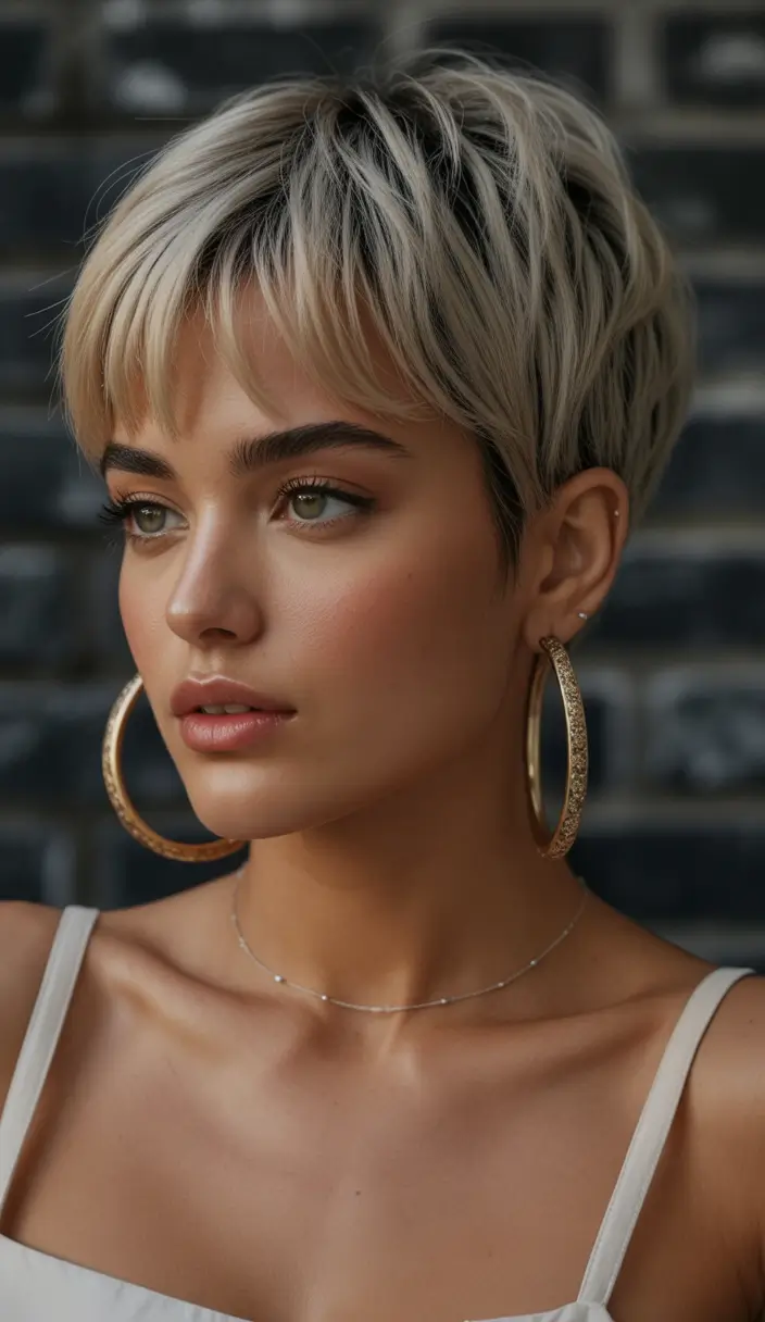 winter pixie haircuts Warm Blonde Pixie With Baby Bangs