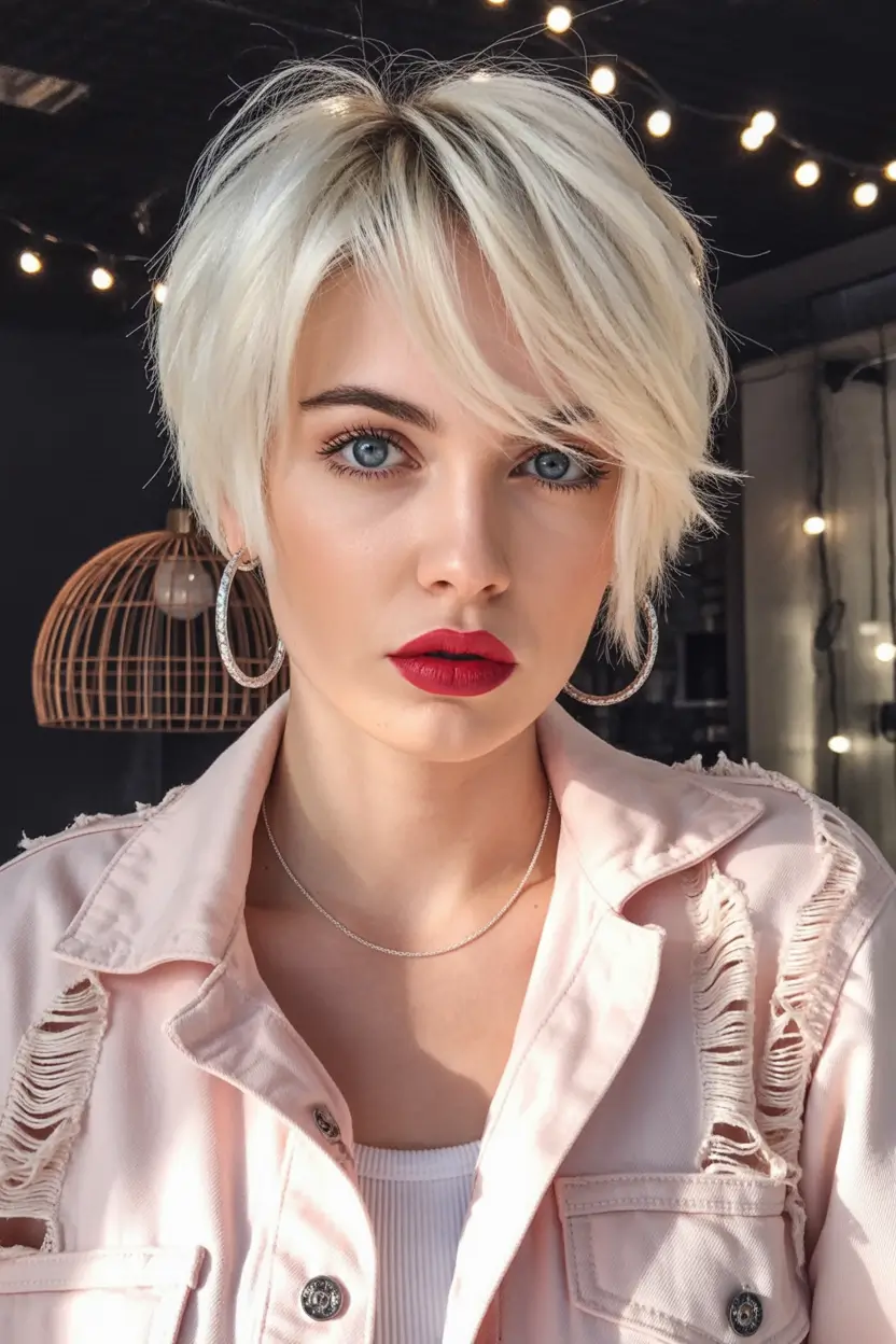winter pixie haircuts Layered Platinum Pixie With Fringe