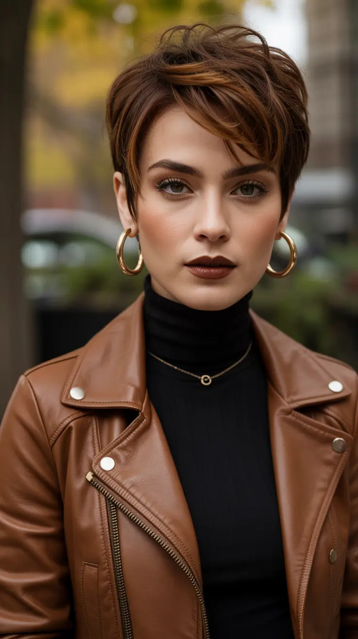 winter pixie haircuts Warm Brunette Pixie With Tapered Edges