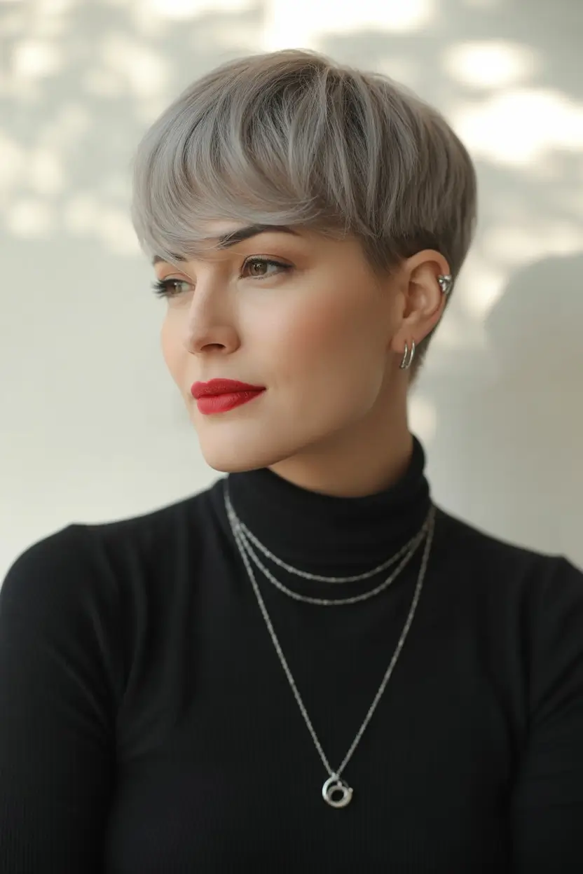 winter pixie haircuts Frosted Silver Pixie With Rounded Fringe