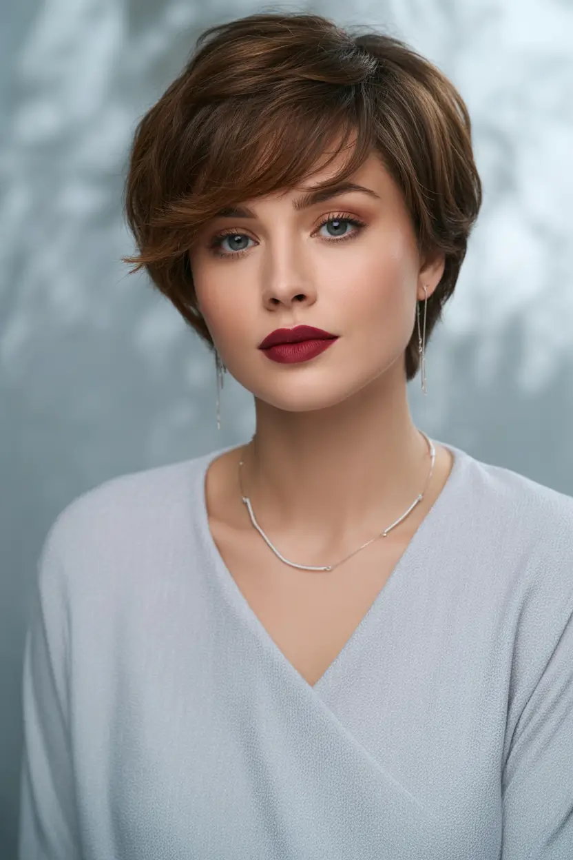 winter pixie haircuts Soft Chestnut Pixie With Side Bangs