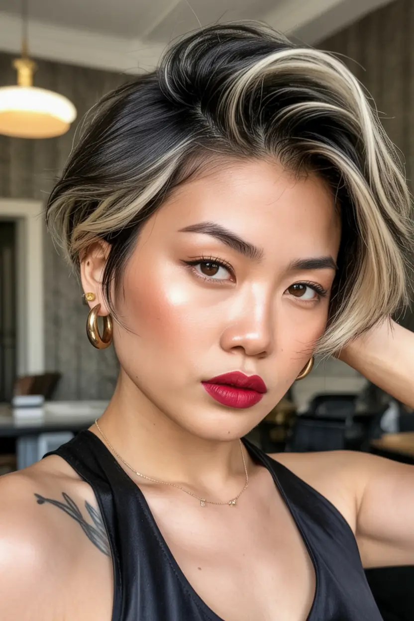 winter pixie haircuts Bold Contrast Pixie With Face-Framing Highlights