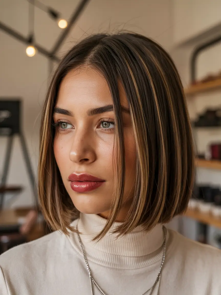 short winter haircuts Polished Chin-Length Bob With Caramel Highlights