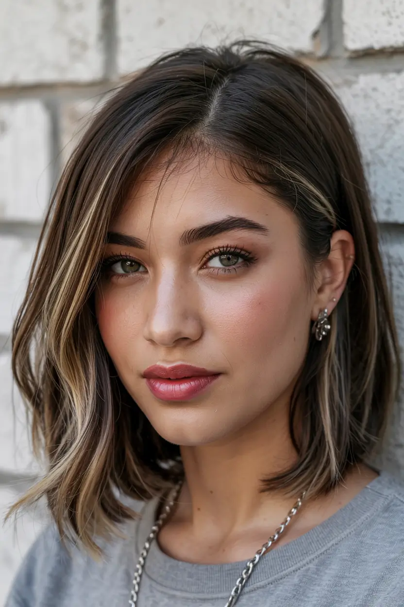 short winter haircuts Sleek Lob With Cool-Toned Highlights