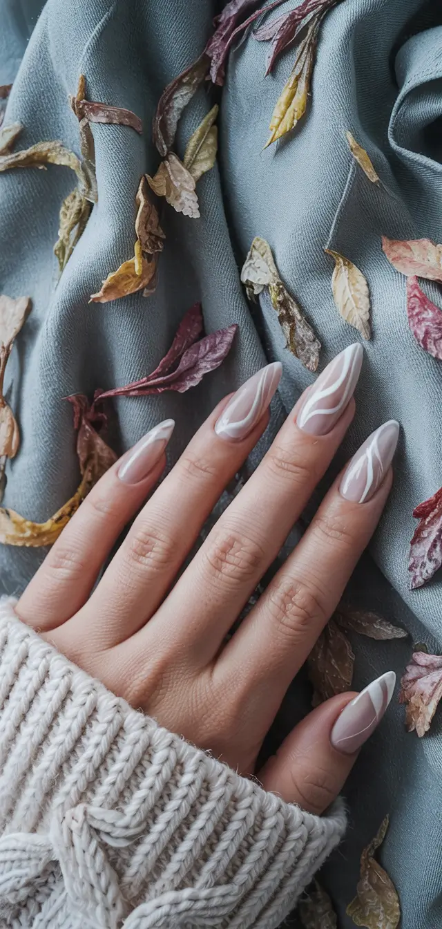 fall winter nails Soft Milky Swirls on Almond Tips