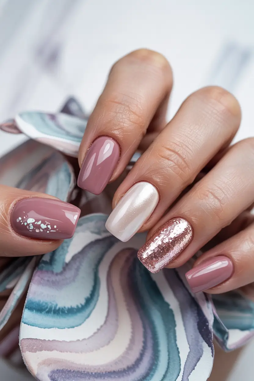 fall winter nails Rosy Glitter Mix