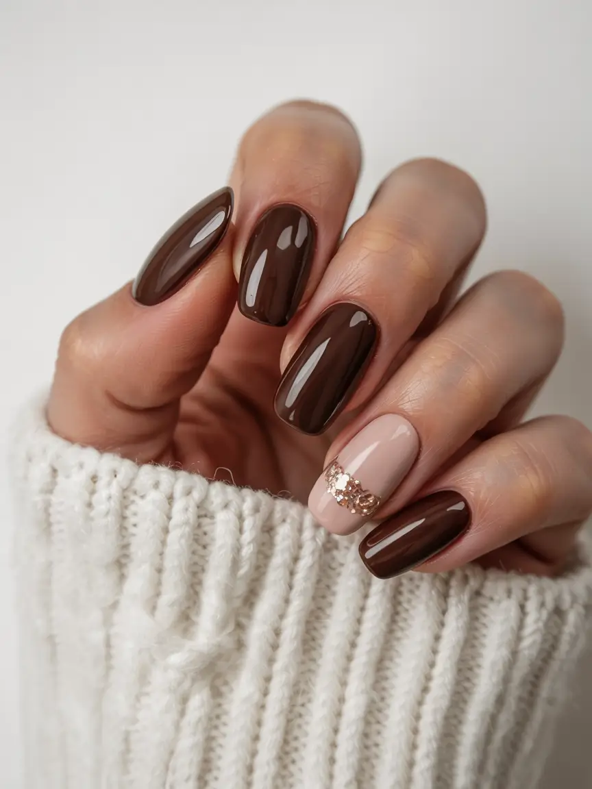 fall winter nails Brown Glam with Rose Gold Accent