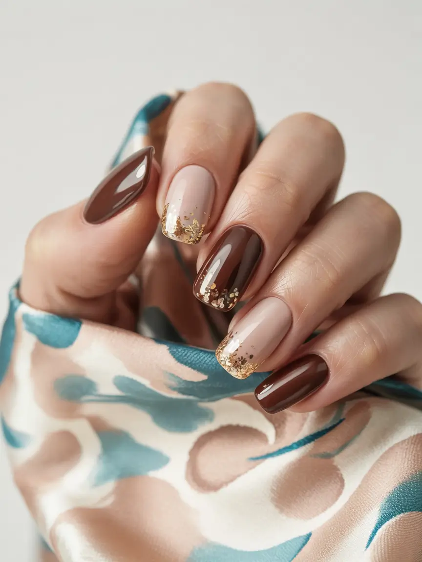 fall winter nails Gold-Tipped Mocha Dreams