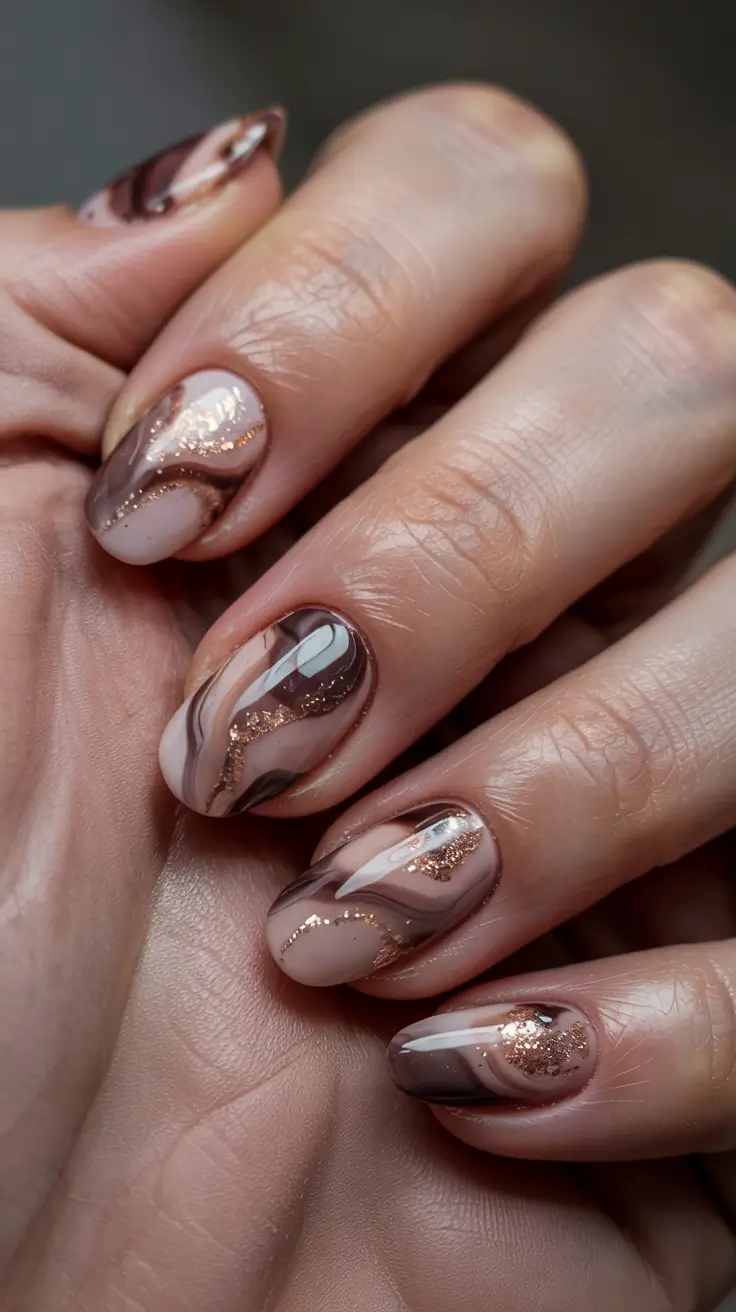 fall winter nails Marble Mocha with Gold Veins