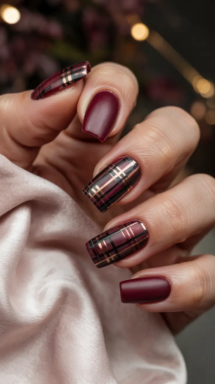 fall winter nails Modern Plaid in Burgundy and Gold