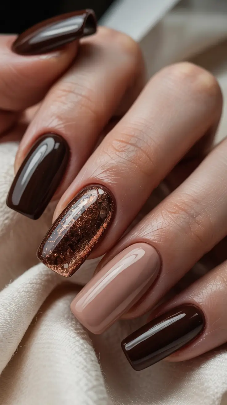 fall winter nails Chocolate Glaze and Nude Accent