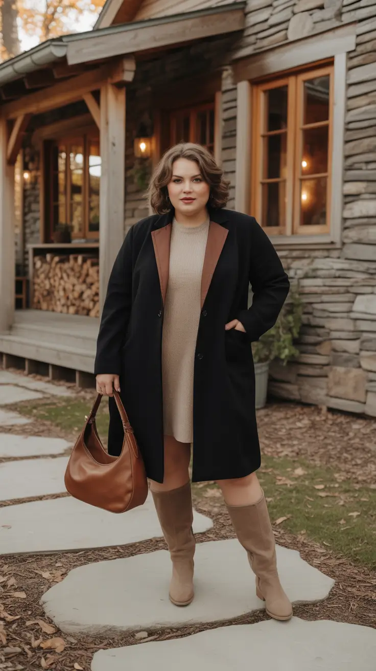 plus size winter outfits dressy classy Chic Knit Dress and Tailored Coat Combo