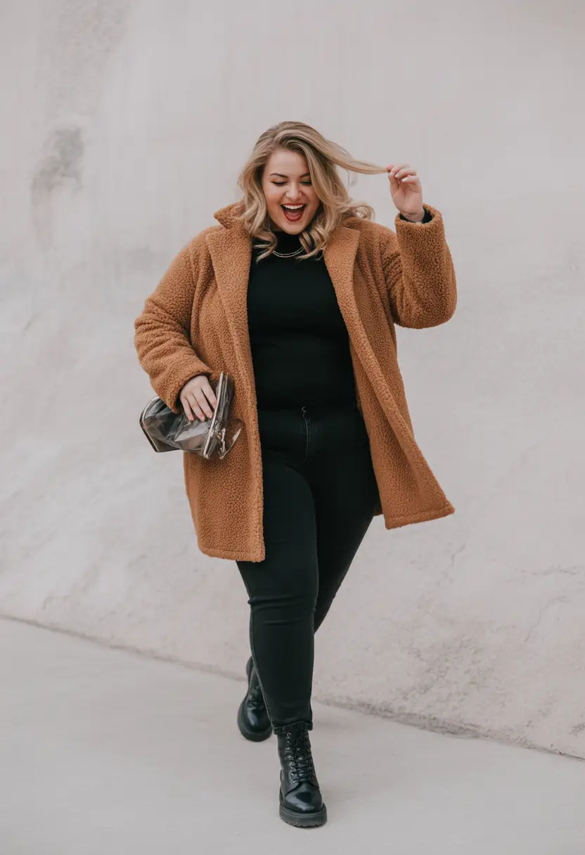 plus size winter outfits casual Cozy Teddy Coat with Black Base