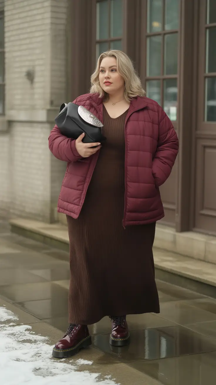 plus size winter outfits dressy casual Burgundy Puff and Ribbed Knit Elegance