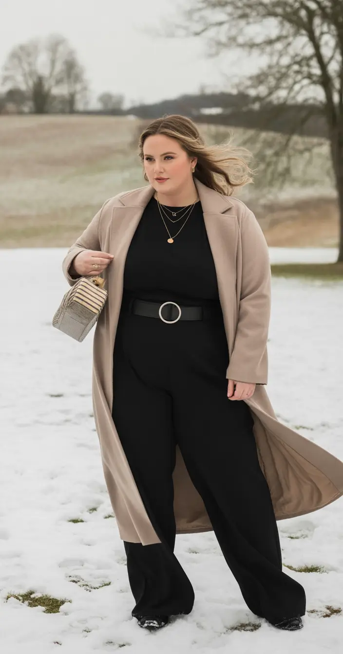 plus size winter outfits 2025 minimalist monochrome with wide leg pants