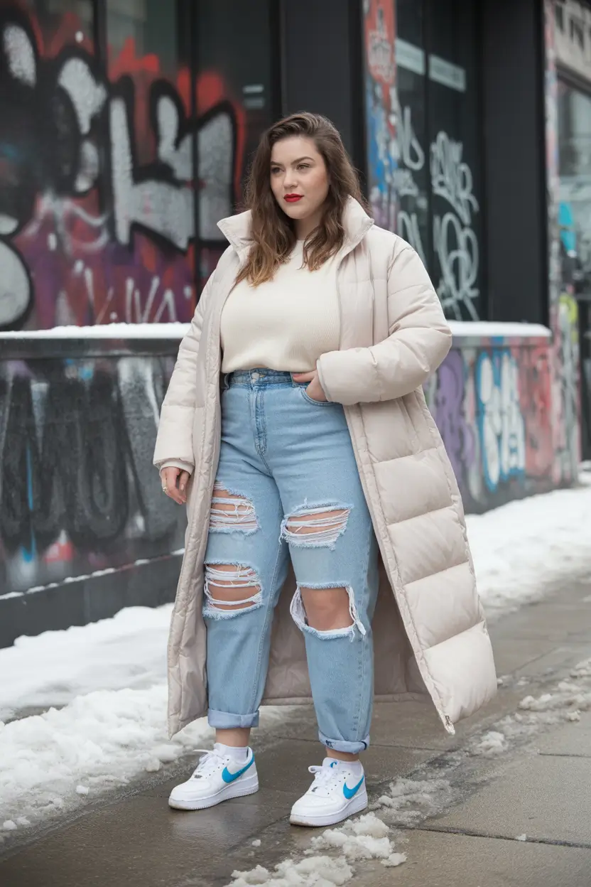 plus size winter outfits jeans Warm Neutrals with Ripped Denim Energy