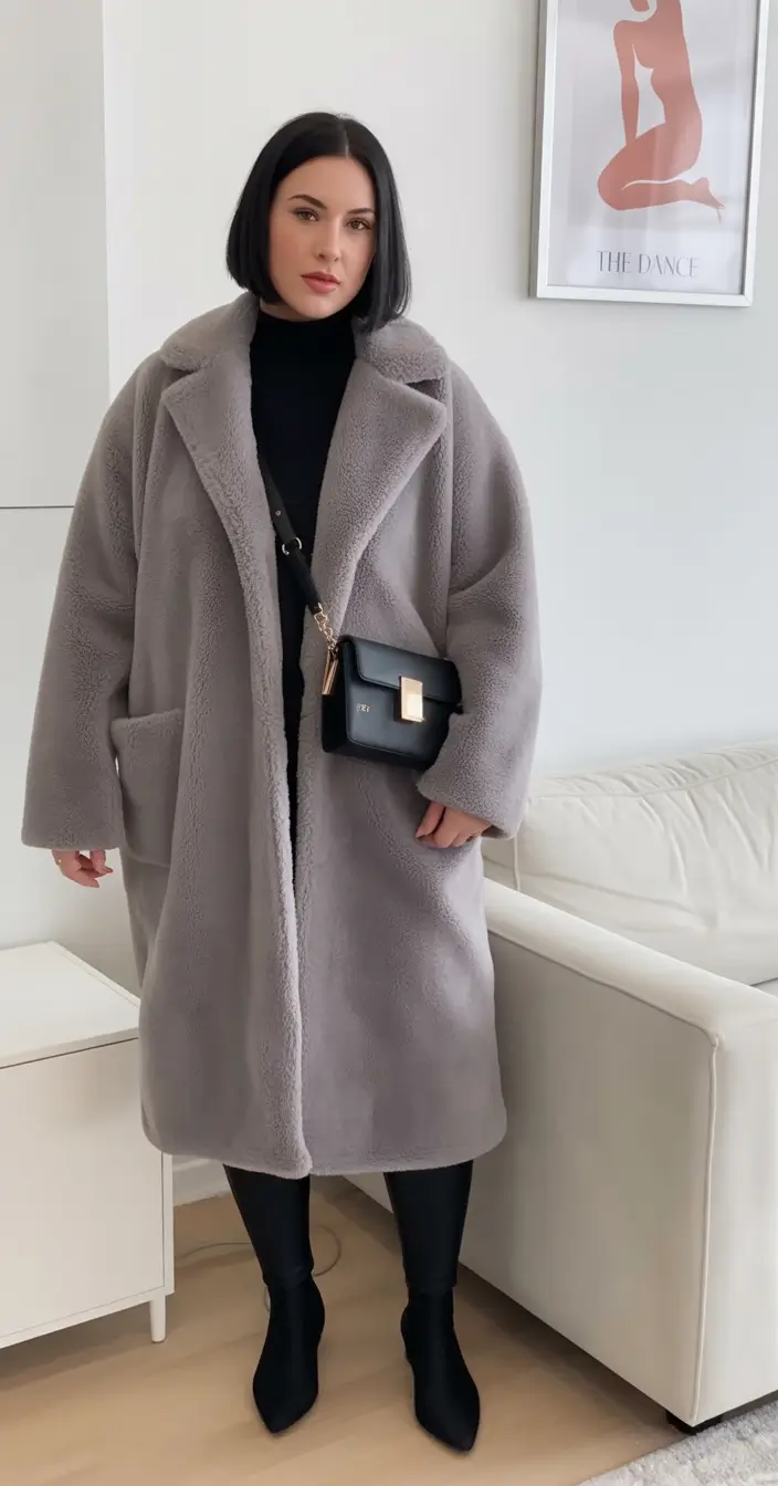 plus size winter outfits 2025 soft teddy coat with black base