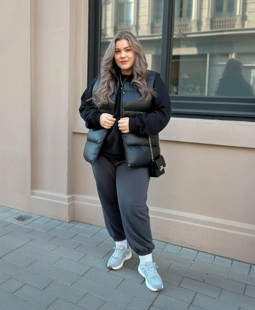plus size winter outfits casual Modern Puffer Vest and Jogger Combo