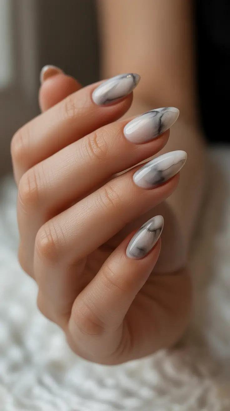 winter almond nails Marble Cloud Elegance