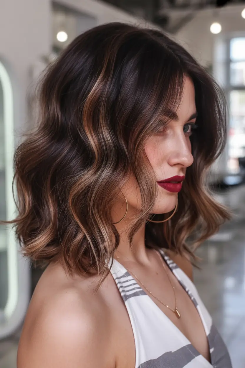 Trendy Fall & Winter Haircuts Ideas 2025-2026 Glossy Brunette Lob with Lived-In Waves