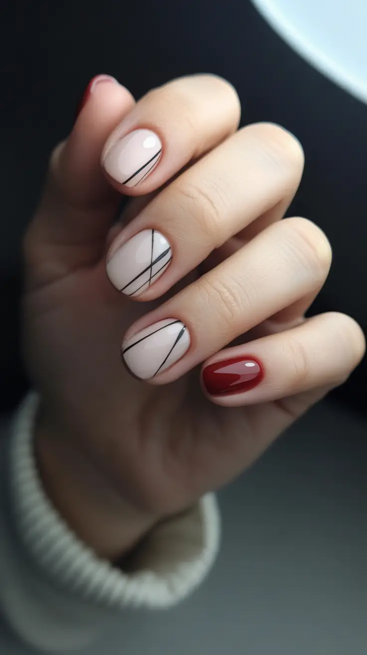 simple winter nails Minimalist Red and Nude Geometry