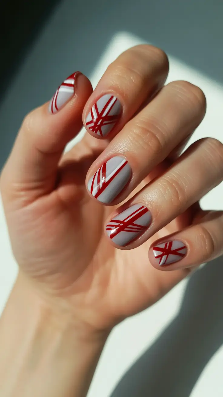 simple winter nails Candy-Red Winter Lines