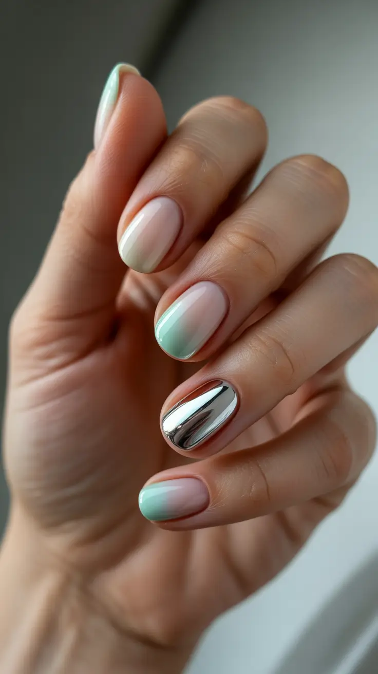 winter nails 2025 mint fade with chrome accent