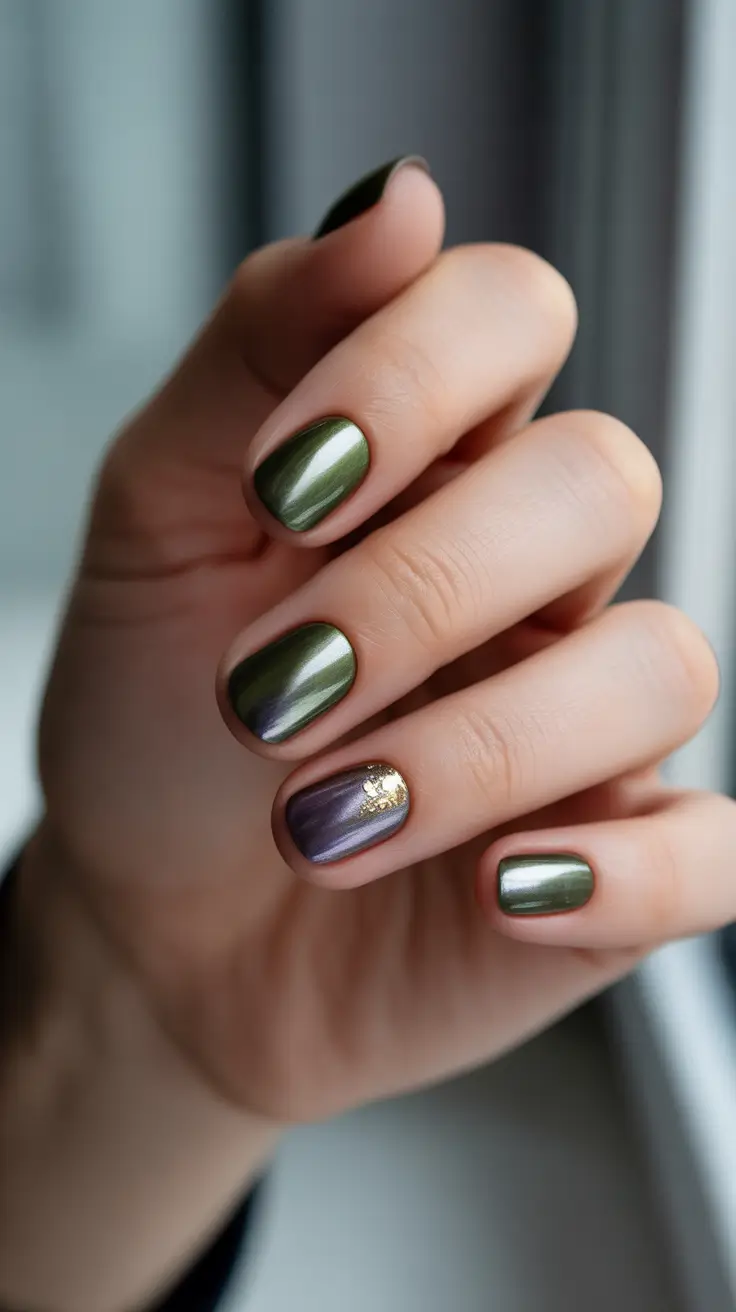 dark-winter-nail-colors-olive-chrome-with-a-golden-accent