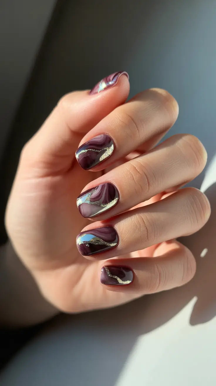 dark-winter-nail-colors-plum-marble-with-gold-veins