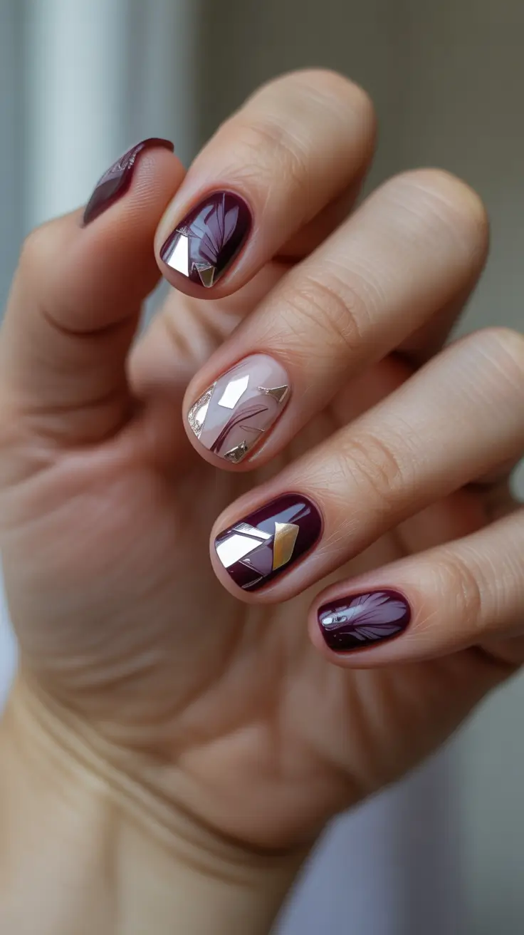 dark-winter-nail-colors-burgundy-reflection-with-foil-accents
