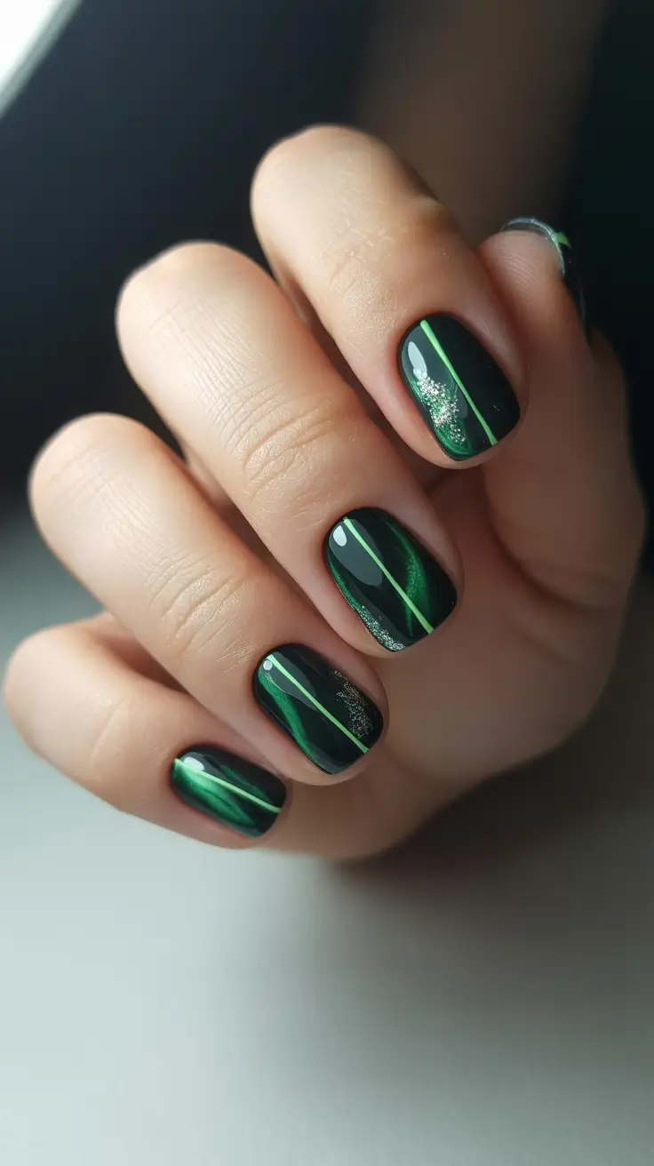 dark-winter-nail-colors-emerald-glow-with-metallic-lines