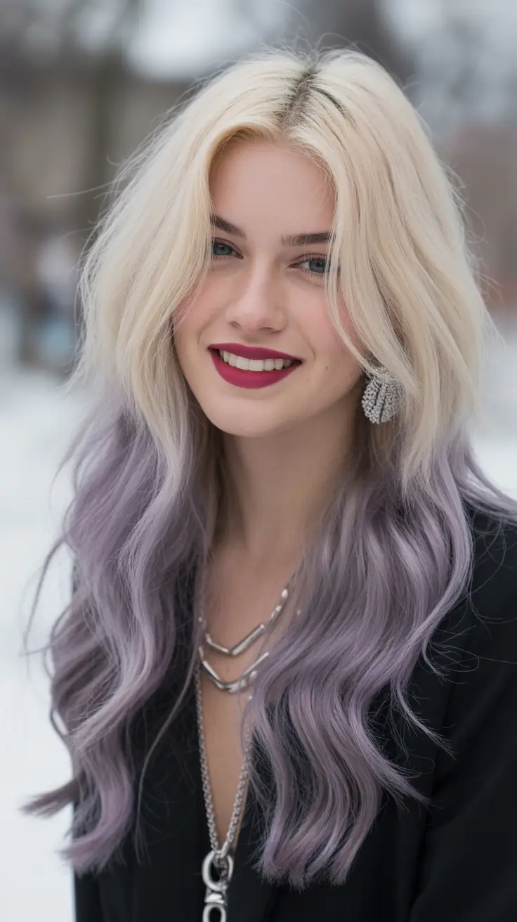 Winter 2025-2026 Hair Colors Ideas for Blondes Frosty Blonde with Lavender Ends