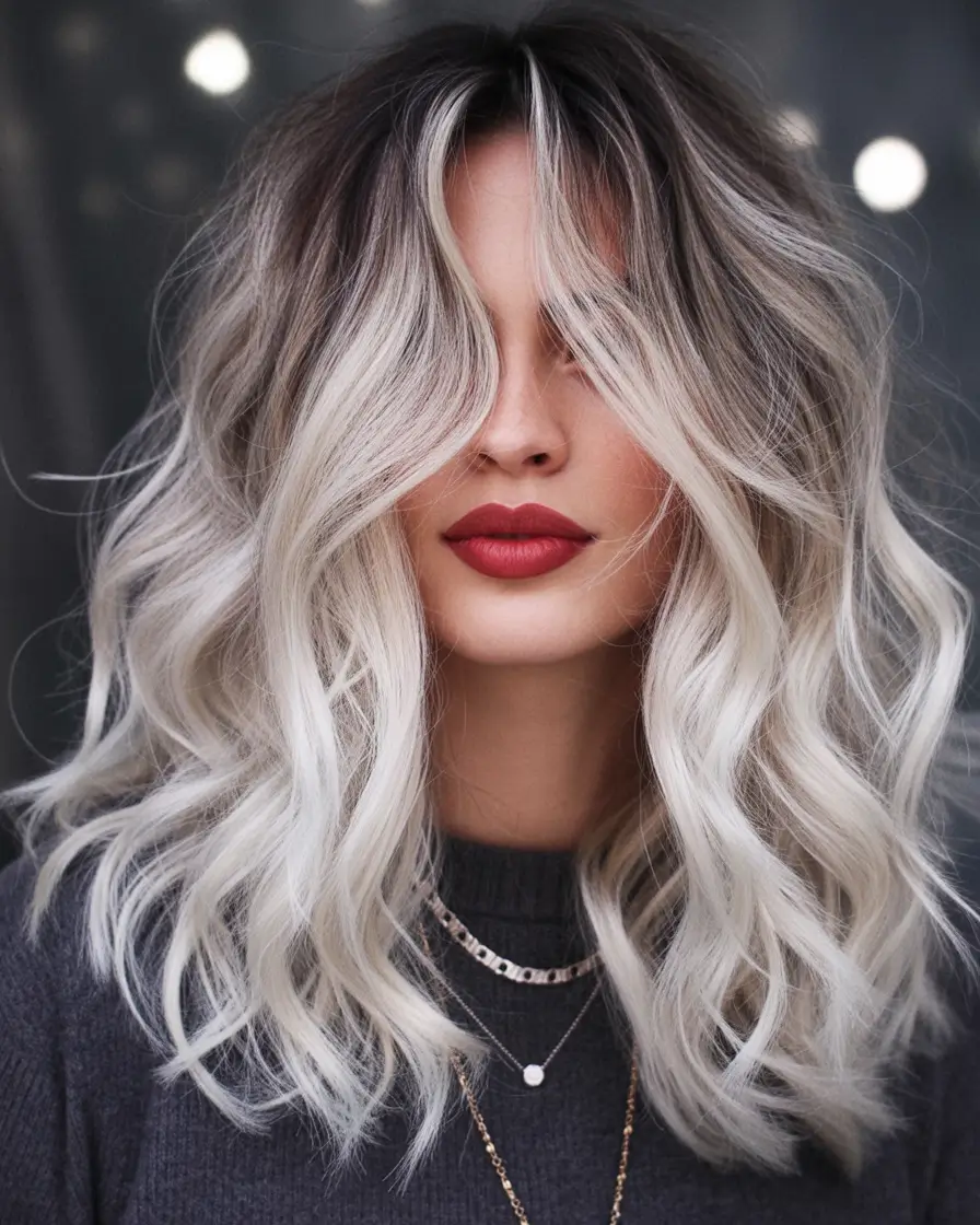 Winter 2025-2026 Hair Colors Ideas for Blondes Smoky Silver Balayage on a Mid-Length Cut