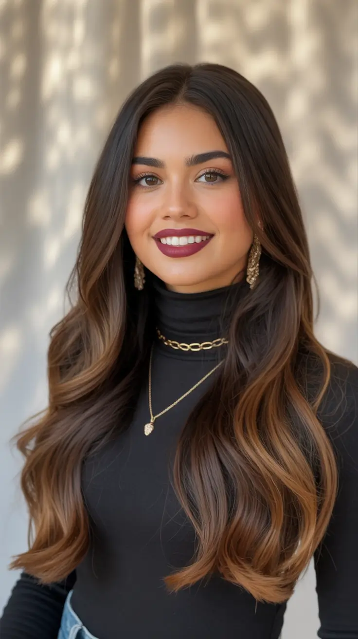 Winter 2025-2026 Hair Colors Ideas for Brown Hair Elegant Brunette with Subtle Highlights