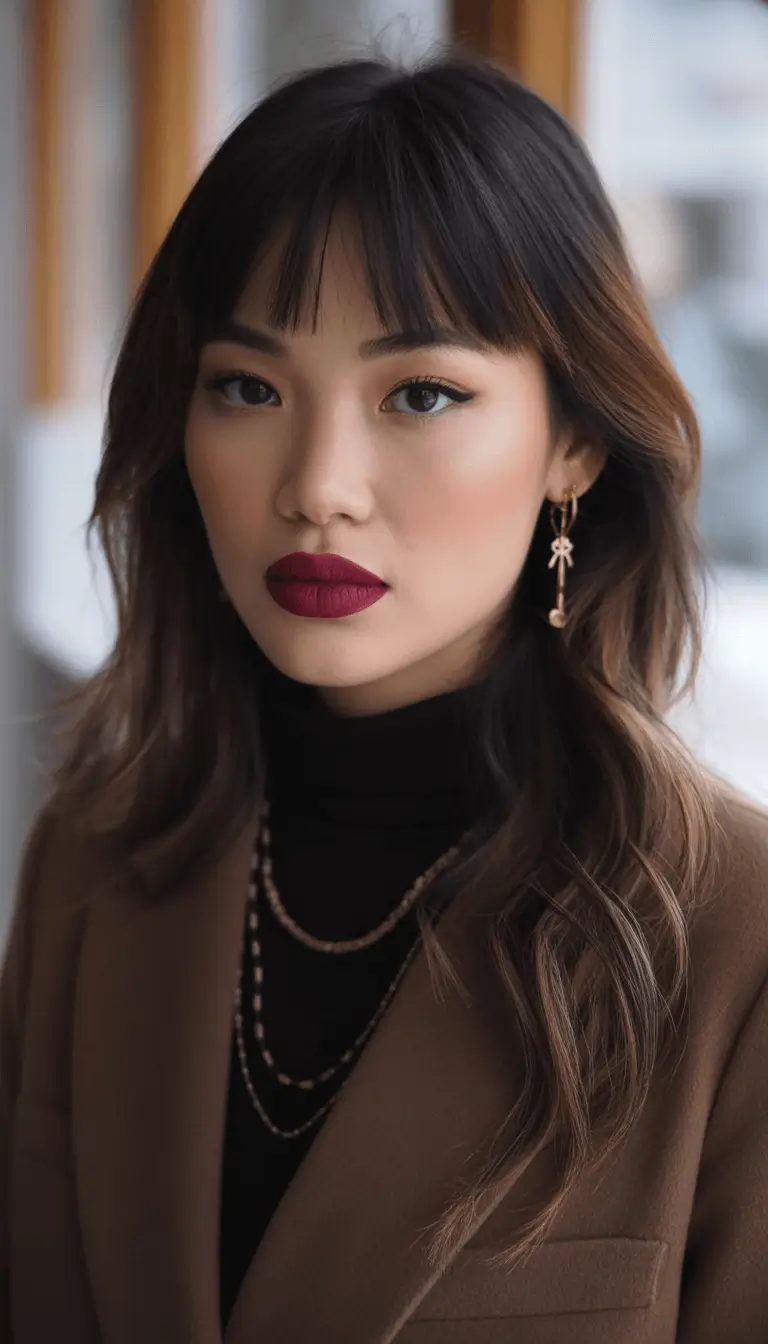 Winter 2025-2026 Hair Colors Ideas for Brunette Soft Brunette with Wispy Bangs and Natural Warmth