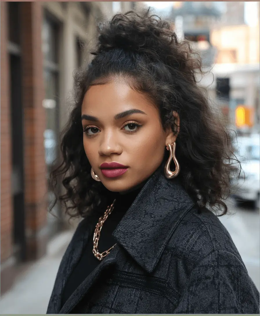 Winter 2025-2026 Hair Colors Ideas for Brunette Half-Up Curly Brunette with Effortless Lift
