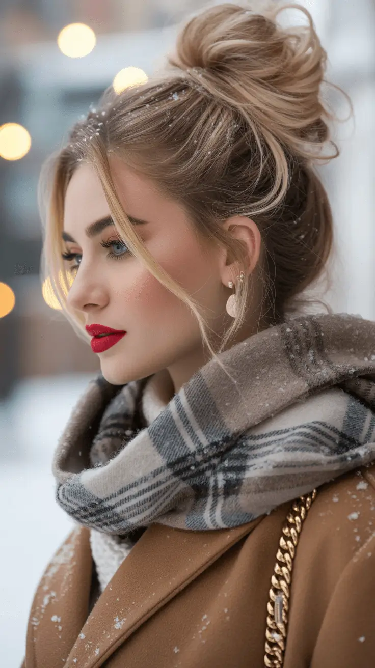 Winter 2025-2026 Hair Colors Ideas for Brunette Winter Bun with Bright Face-Framing Highlights