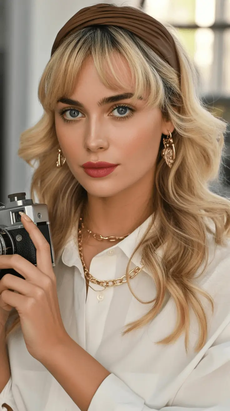 Winter 2025-2026 Hair Colors Ideas for Brunette Golden Brunette with Playful Bangs and Retro Flair