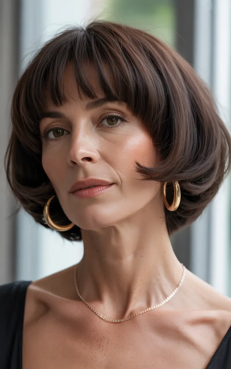 winter haircuts for women over 40 rounded chocolate bob with curtain bangs