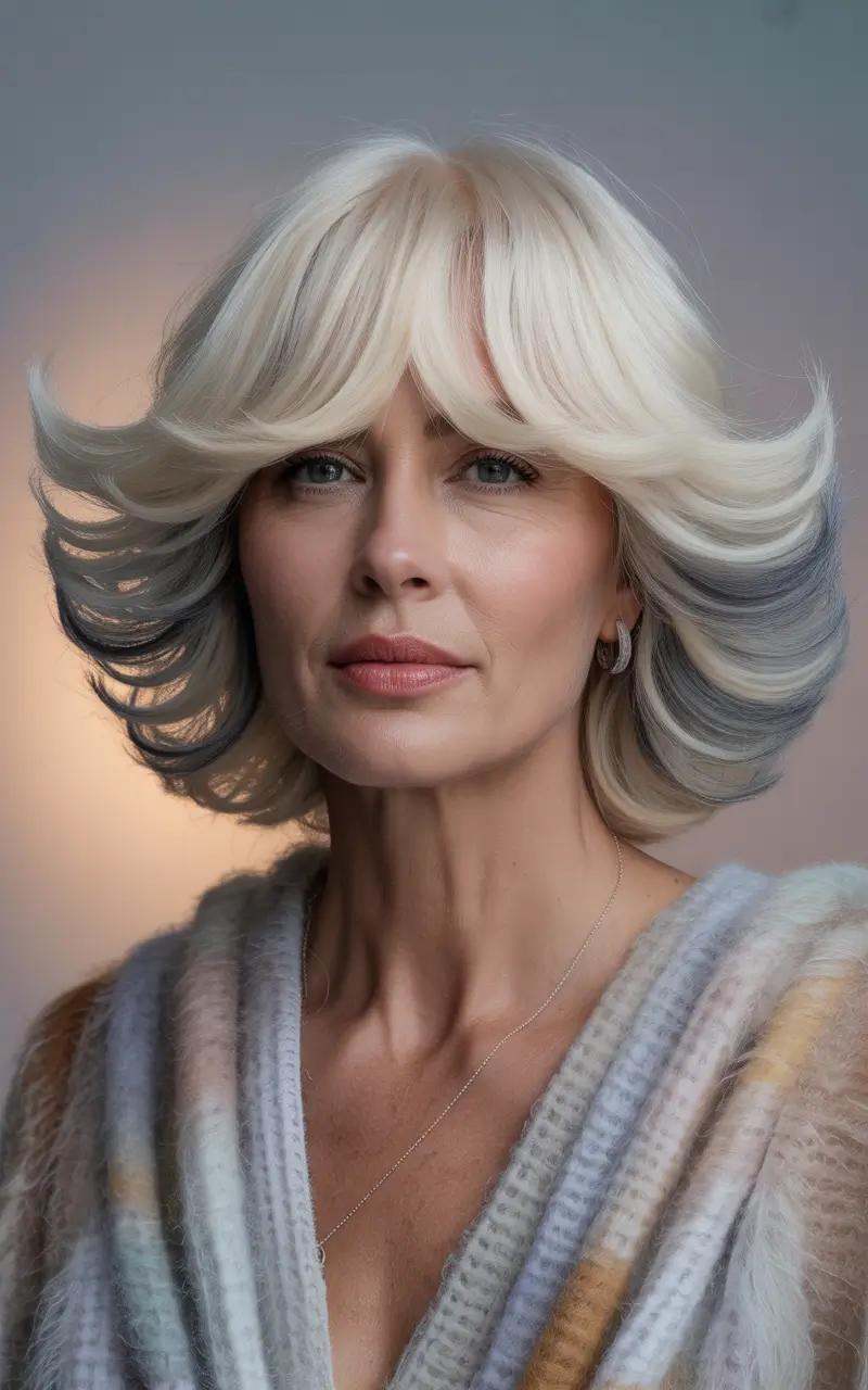 winter haircuts for women over 40 layered butterfly cut in icy blonde