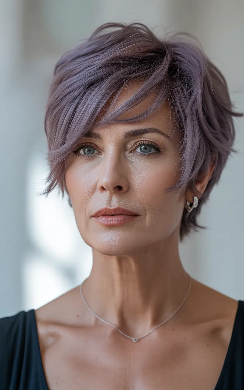 winter haircuts for women over 40 soft pixie with lavender undertones