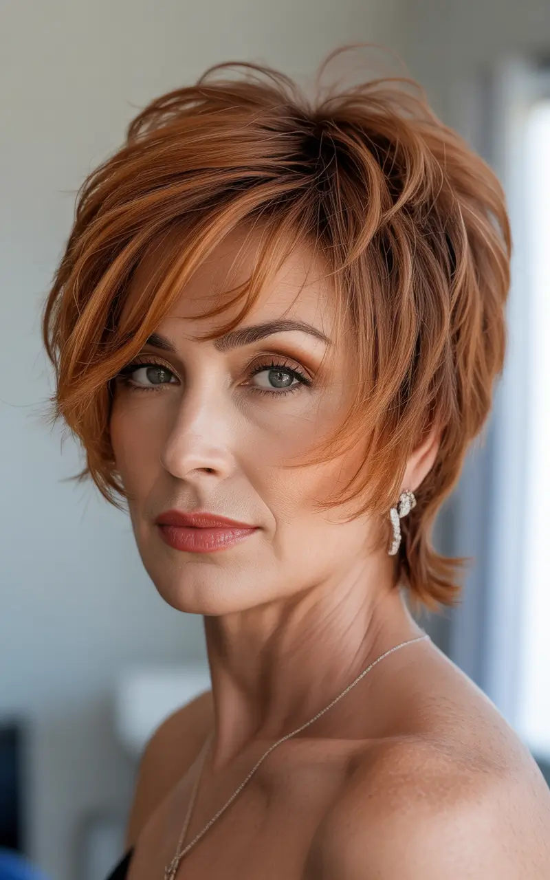 winter haircuts for women over 40 copper textured pixie with long fringe