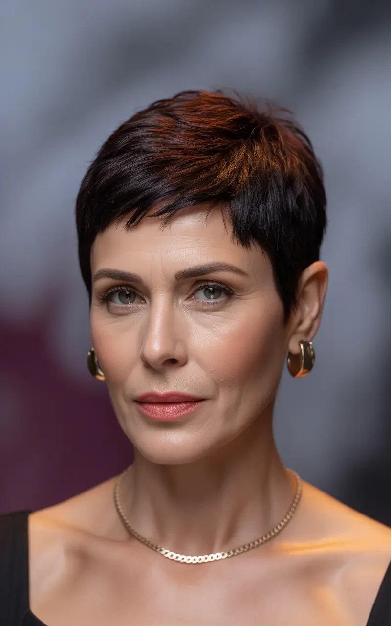 winter haircuts for women over 40 classic dark pixie with a chic finish