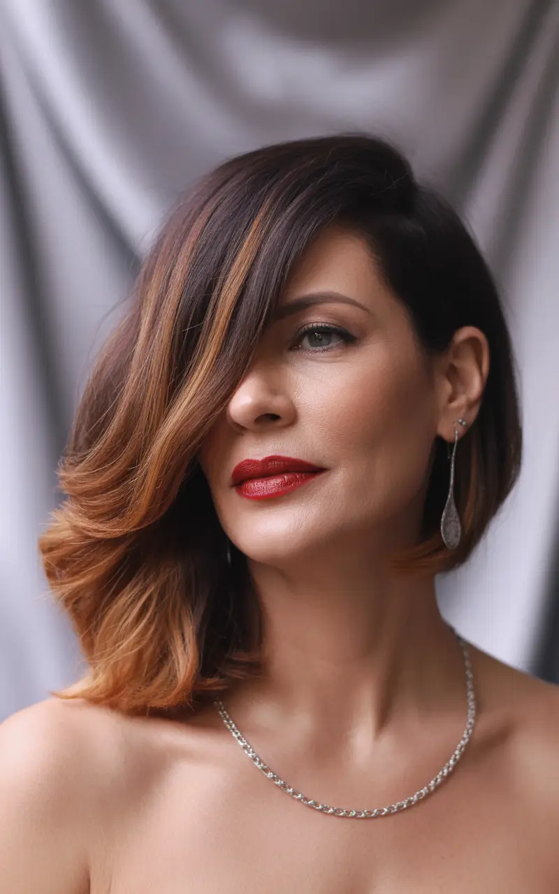 winter haircuts for women over 40 side swept lob with copper balayage